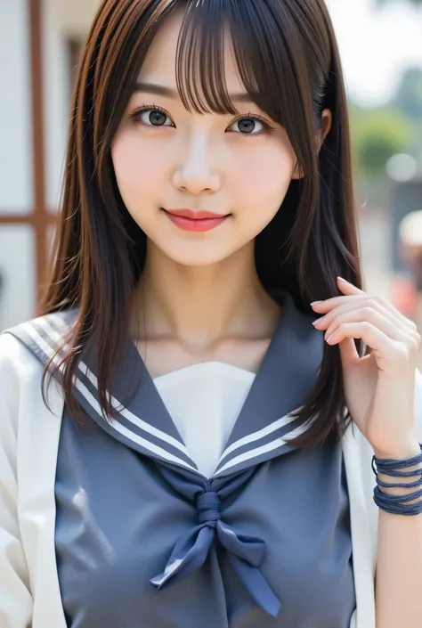 very detailed, 美しいlikeいアジア人女性の超写実的なデジタルイラスト, with her body visvery detailed, 美しいlikeいアジア人女性の超写実的なデジタルイラスト, with her body visvisible from above the knee、soft bangs in the center of the frame. she's been a long time, smooth dark hair and soft bangs, and彼女の明確...
