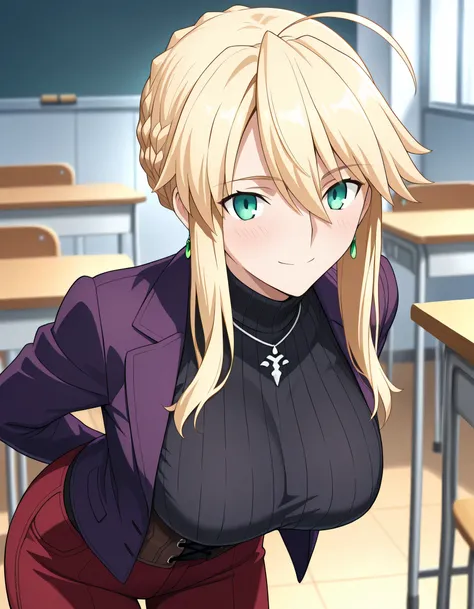 fsn_ubw_style,（masterpiece),(best quality),(ultra-detailed),(best illustration),(best shadow),(absurdres),(detailed background),(very aesthetic),artoria pendragon (fate),Artoria Pendragon Lancer, swept bangs, ahoge, blonde hair, green eyes, french braid, s...