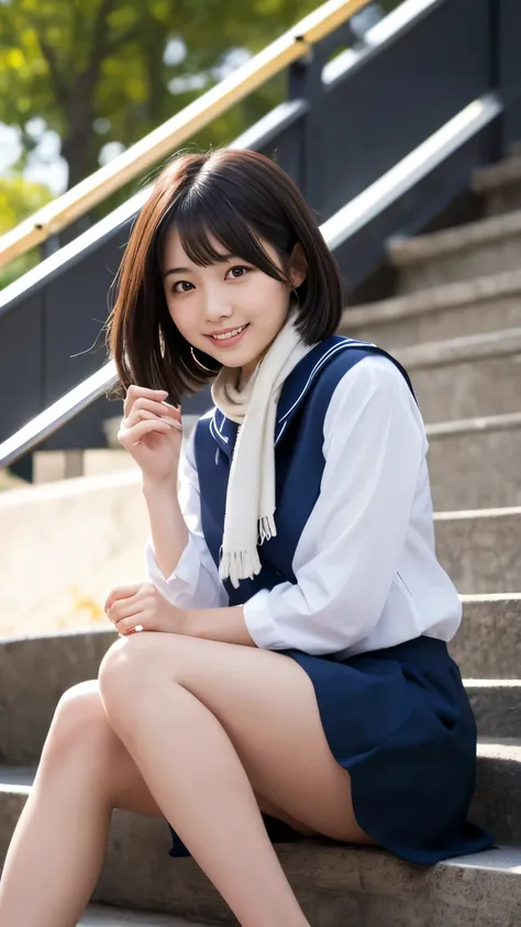 (((Japanese woman))), high school girl, bob cut:(1.2), beautiful black hair:(1.3), (Clear dark eyes), light in the eyes, (thigh), (Black shoes), slim body , Cute smile like an idol:(1.35), Face drawn precisely:(1.4), (Fingers drawn precisely), 足Fingers dr...