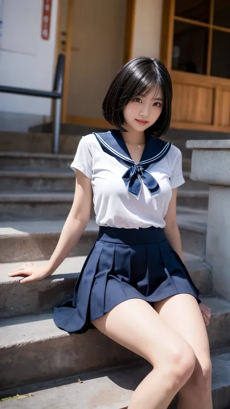 (((Japanese woman))), high school girl, bob cut:(1.2), beautiful black hair:(1.3), (Clear dark eyes), light in the eyes, (thigh), (Black shoes),  slim body , Cute smile like an idol:(1.35), Face drawn precisely:(1.4), (Fingers drawn precisely), Beautiful b...