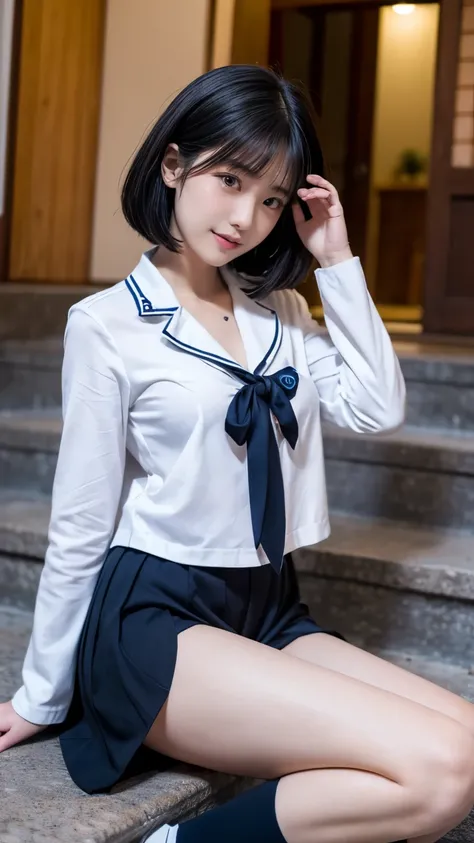 (((Japanese woman))), high school girl, bob cut:(1.2), beautiful black hair:(1.3), (Clear dark eyes), light in the eyes, (Black shoes),  slim body , Cute smile like an idol:(1.35), Face drawn precisely:(1.4), (Fingers drawn precisely), Beautiful big breast...