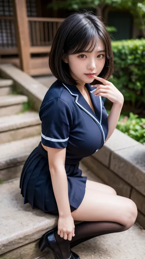 (((Japanese woman))), high school girl, bob cut:(1.2), beautiful black hair:(1.3), (Clear dark eyes), light in the eyes, (Black shoes),  slim body , Cute smile like an idol:(1.35), Face drawn precisely:(1.4), (Fingers drawn precisely), Beautiful big breast...
