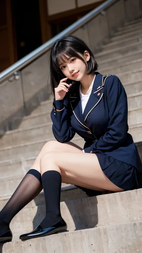 (((Japanese woman))), high school girl, bob cut:(1.2), beautiful black hair:(1.3), (Clear dark eyes), light in the eyes, (Black shoes),  slim body , Cute smile like an idol:(1.35), Face drawn precisely:(1.4), (Fingers drawn precisely), Beautiful big breast...