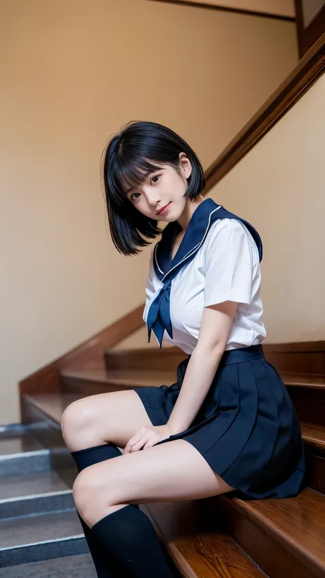 (((Japanese woman))), high school girl, bob cut:(1.2), beautiful black hair:(1.3), (Clear dark eyes), light in the eyes, (Black shoes),  slim body , Cute smile like an idol:(1.35), Face drawn precisely:(1.4), (Fingers drawn precisely), Beautiful big breast...