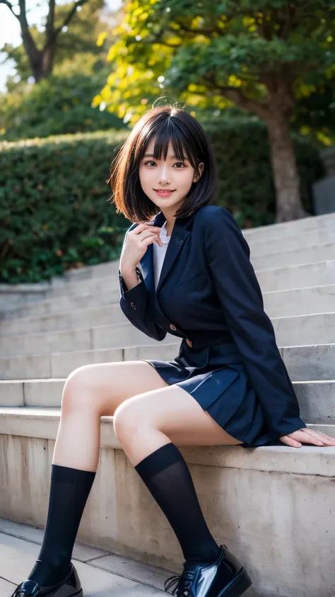 (((Japanese woman))), high school girl, bob cut:(1.2), beautiful black hair:(1.3), (Clear dark eyes), light in the eyes, (Black shoes),  slim body , Cute smile like an idol:(1.35), Face drawn precisely:(1.4), (Fingers drawn precisely), Beautiful big breast...