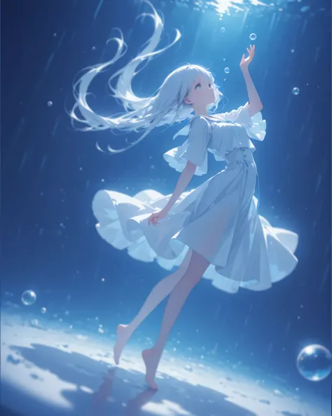 blurry foreground,dutch angle,looking away,hand up,arched back,full body,floating hair,white long hair,bubbles,柔らかい光、海中、