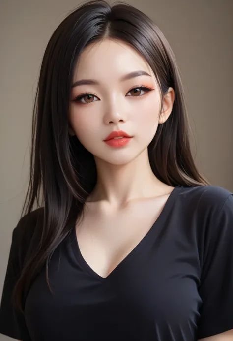 (perfect face), black hair, ((hime haircut)), black eyebrows, (thin eyebrows), brown eyes, black eyeliners, nose, lips, red thick lips, parted lips, (beautiful), medium breasts, shirt, black shirt, (looking at viewer), arms behind back, female asian, asian...