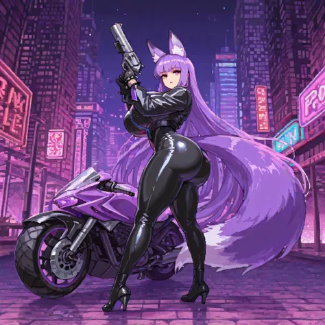 1girl, purple hair, purple fox tail, purple fox ears, fox girl, animal ears, animal ears fluff, bangs, very long hair, biker girl, black pants, black jacket, spikes gloves, spikes clothes, black clothes, shiny suit, tight slothes, huge ass, huge breasts, t...