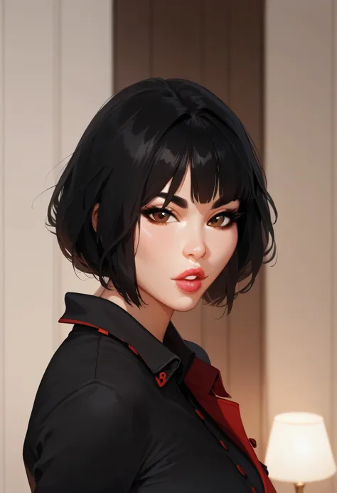 (perfect face), black hair, ((hime haircut)), black eyebrows, (thin eyebrows), brown eyes, black eyeliners, nose, lips, red thick lips, parted lips, (beautiful), medium breasts, shirt, black shirt, (looking at viewer), arms behind back, female asian, asian...