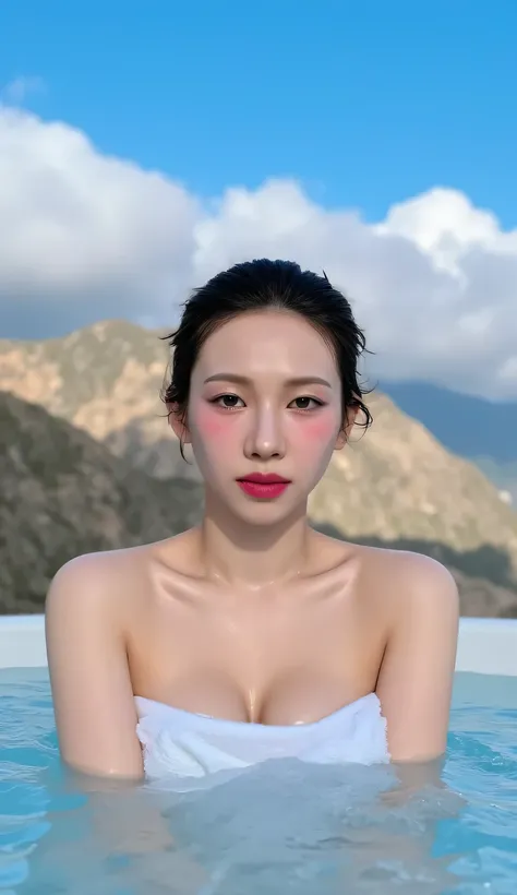 a woman, being in an outdoor hot tub, is soaking in a hot bath, body immersed in a hot bath,  Mountain Look With Bright Blue Sky, shirt looks full body, body facing front, eyes looking at camera , wrapped in wet towel, big  size G-cup, thick red lips, horn...