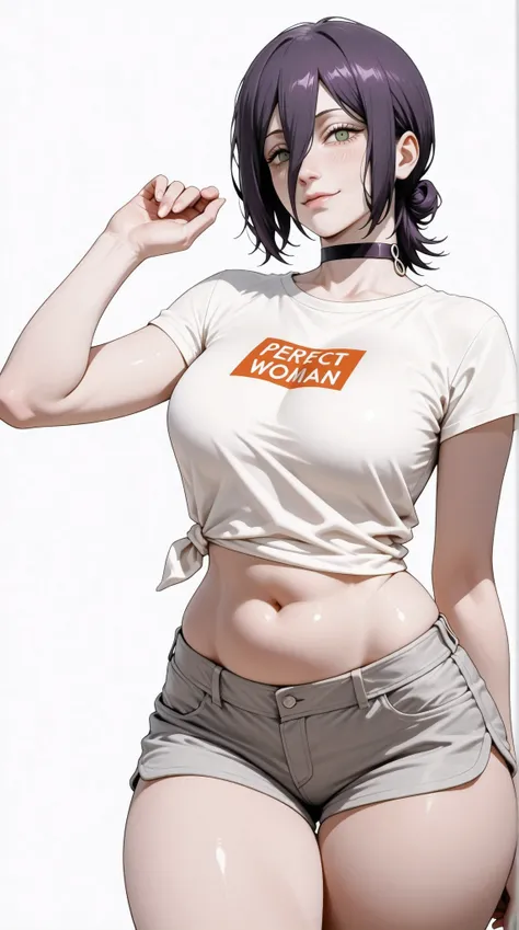 masterpiece, extremely detailed, intricate details, more details, many details, perfect skin texture, 8k, 8k resolution, solo, 1girl, adult,((fullbody)), stand up, reze (chainsaw man), sexy legs, perfect body, large breasts, white t-shirt, grey shorts, hou...