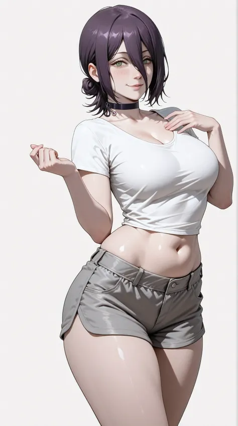 masterpiece, extremely detailed, intricate details, more details, many details, perfect skin texture, 8k, 8k resolution, solo, 1girl, adult,((fullbody)), stand up, reze (chainsaw man), sexy legs, perfect body, large breasts, white t-shirt, grey shorts, hou...
