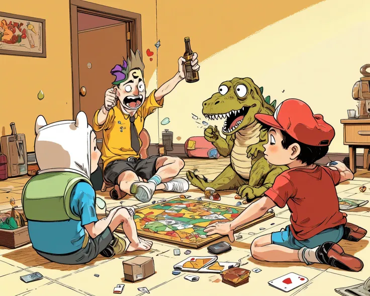 Group of 4 characters sitting in a circle on the floor, playing a board game, finn (adventure time), the person in the first shirt and tie in the pyramid is holding a bottle, raises his hands excitedly and rejoices, a character wearing casual dinosaur clot...