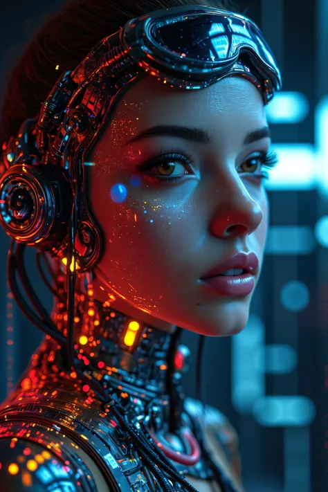 A close up portrait of a futuristic character with neon reflections . The scene is highly detailed and realistic, capture the essence of the, futuristic aesthetic with intricate elements such as atmospheric lighting.