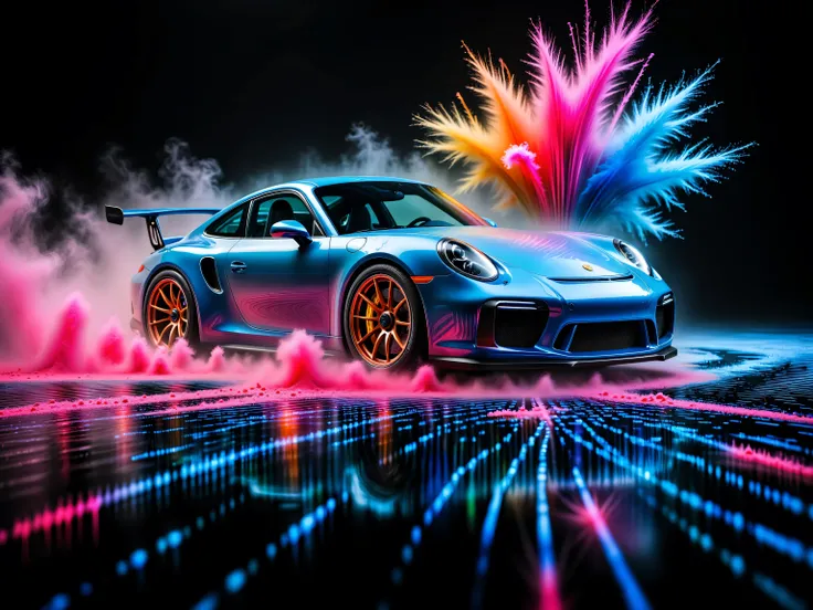 wide body kit Porsche 911 RS, racing through LIQUID METAL, liquid metal sprays up from the cars tyres, Car drifting in a black void , UHD, Colorful Powder Explosion