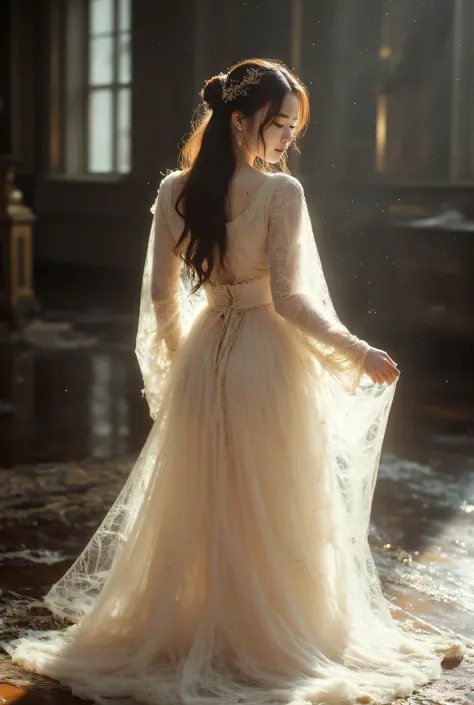 ancient woman 、Royal Bridesmaid、Vintage Lightweight Long Shirt、Silk Tulle、Light Beige White Silk Fabric、Side Light Rendering、Silky Material、Smooth Skin、Seated Princess、Poetic Night Color、Sentimental Light、Low Buttocks，ultra-fine，reality，Full Body to Toe，1...