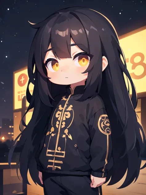 (best quality, ((masterpiece)), Detailed Eyes, 8K resolution,detailed clothes),((1 man)),(black long straight hair),3d,chibi,yellow eyes,(black Changshan),black pants,night sky