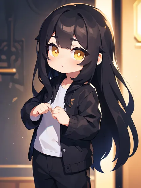 (best quality, ((masterpiece)), Detailed Eyes, 8K resolution,detailed clothes),1 man,(black long straight hair),3d,chibi,yellow eyes,(black Changshan),black pants
