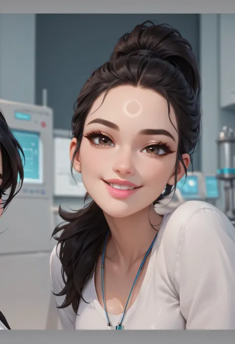 black hair, ponytail, (forehead), black thin eyebrows, dark brown eyes, black eyelashes, black eyeliners, nose, normal lips, pink lips, big smile, laboratory clothing, medium breasts, beautiful