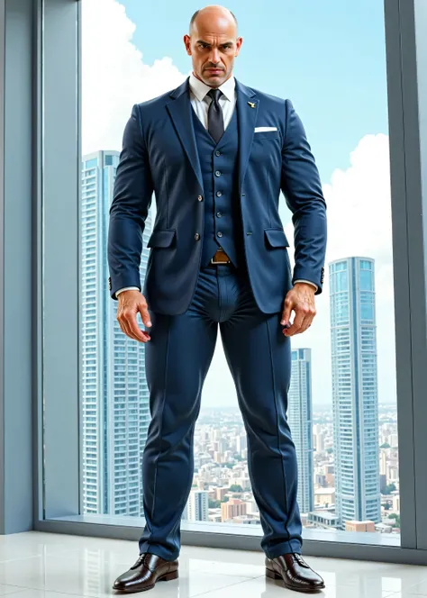 Concept art d’un directeur des ressources humaines très antipathique travaillant dans une multinationale tyrannique; homme chauve de grande taille; visage sévère; corps athlétique et idéalisé grâce à la science; vêtu d’un costume trois pièces de couleur bl...