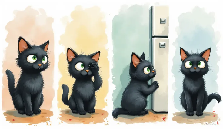 Create a ((four panel)) painting in the soul drawing style. Panel 1: a cat thinking about food. Panel 2: The same cat walked to a refrigerator. Panel 3 : The same cat in front of the refrigerator. Panel 4 : the same cat trying to open the refrigerator with...
