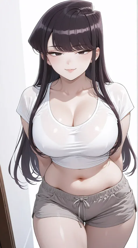 masterpiece, extremely detailed, intricate details, more details, many details, perfect skin texture, 8k, 8k resolution, solo, 1girl, adult,((fullbody)), stand up, komi_shouko, sexy legs, perfect body, large breasts, white t-shirt, grey shorts, housewife, ...