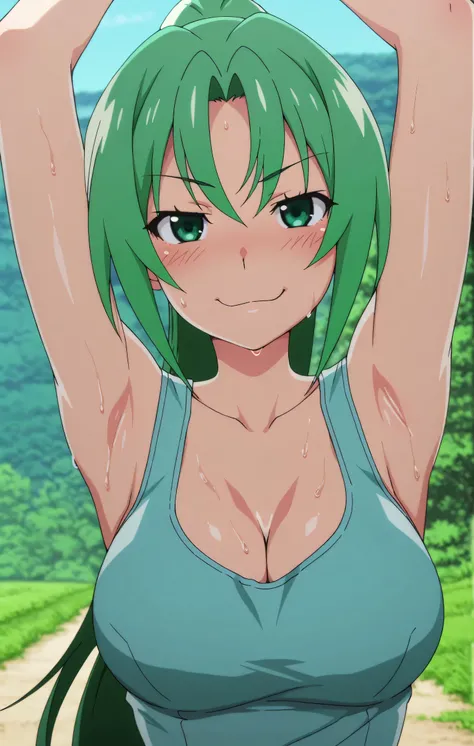 masterpiece, best quality, amazing quality, anime screencap, anime coloring, 1girl, solo, Mion Sonozaki (character), sonozaki mion, long hair, green hair, green eyes, ponytail, light blue tank top, bare shoulders, bare arms, arms up, raised arms, armpits, ...