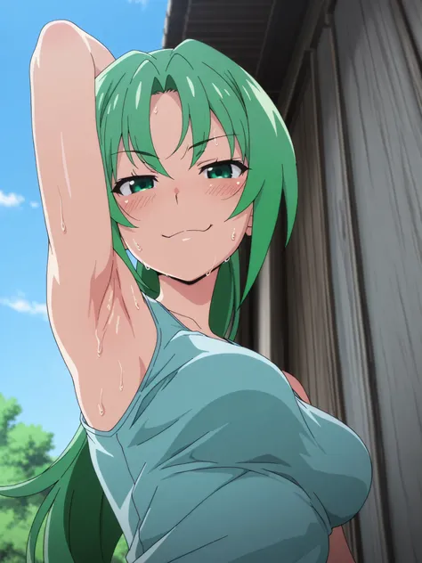 masterpiece, best quality, amazing quality, anime screencap, anime coloring, 1girl, solo, Mion Sonozaki (character), sonozaki mion, long hair, green hair, green eyes, ponytail, light blue tank top, bare shoulders, bare arms, arm behind head, armpit, armpit...