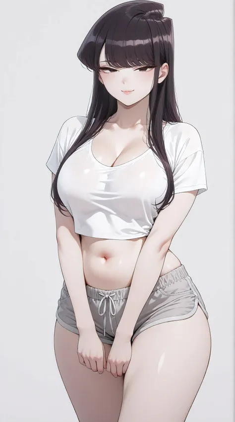 masterpiece, extremely detailed, intricate details, more details, many details, perfect skin texture, 8k, 8k resolution, solo, 1girl, adult,((fullbody)), stand up, komi_shouko, sexy legs, perfect body, large breasts, white t-shirt, grey shorts, housewife, ...