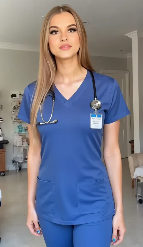 Ultra-realistic photo of a young nurse with straight blond hair, big breasts, Wide hips, thick legs, and her round ass. She is wearing a professional blue short-sleeved nurse, , full length design (WITHOUT revealing), without cleavage. uniform hangs around...