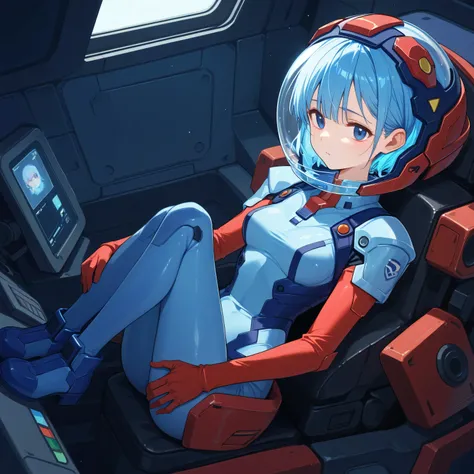 ((Holographic Glow Effect))、 Gundam wing cockpit,blue hair、masterpiece、top quality、1 person、medium bust、((album cover))、light on face、slender body、white and blue pilot suit with enamel finish、 elbow length gloves 、long hard boots 、exoskeleton、Metal Gear、...