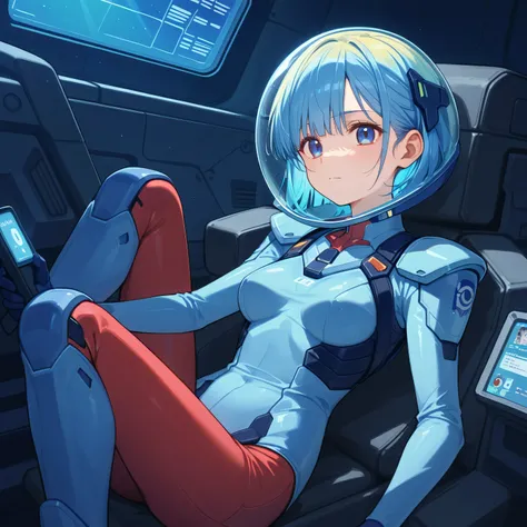 ((Holographic Glow Effect))、 Gundam wing cockpit,blue hair、masterpiece、top quality、1 person、medium bust、((album cover))、light on face、slender body、white and blue pilot suit with enamel finish、 elbow length gloves 、long hard boots 、exoskeleton、Metal Gear、...