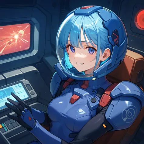 ((Holographic Glow Effect))、 Gundam wing cockpit,blue hair、masterpiece、top quality、1 person、medium bust、((album cover))、light on face、slender body、white and blue pilot suit with enamel finish、 elbow length gloves 、long hard boots 、exoskeleton、Metal Gear、...