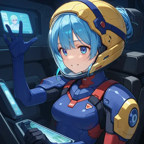((Holographic Glow Effect))、 Gundam wing cockpit,blue hair、masterpiece、top quality、1 person、medium bust、((album cover))、light on face、slender body、white and blue pilot suit with enamel finish、 elbow length gloves 、long hard boots 、exoskeleton、Metal Gear、...