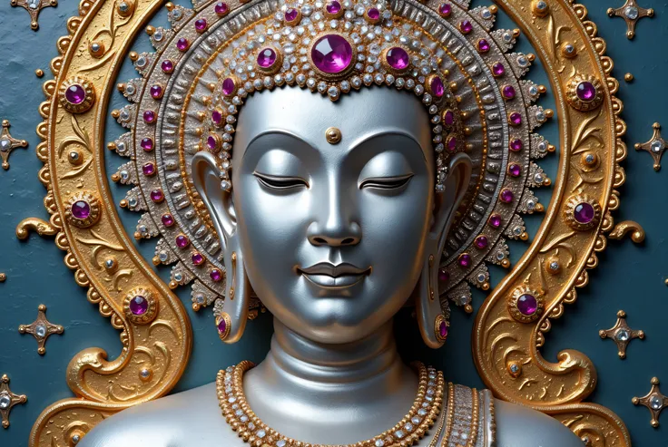 Create the male buddha peaceful platinum face craft with lots of diamonds and ruby gems arts details be professional bermese culture