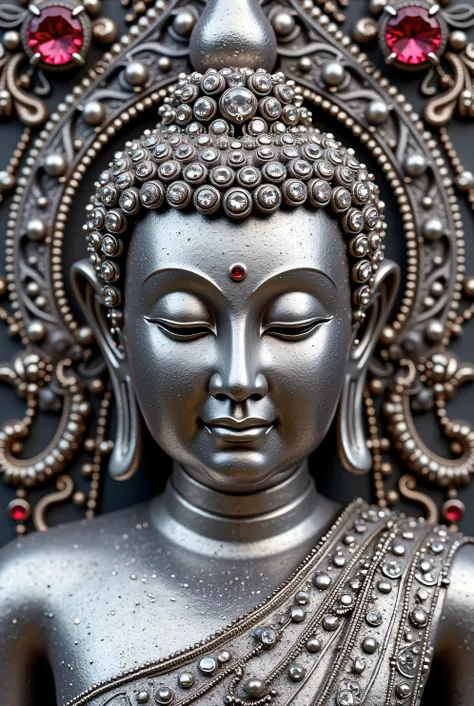 Create the male buddha peaceful platinum face craft with lots of diamonds and ruby gems arts details be professional bermese culture