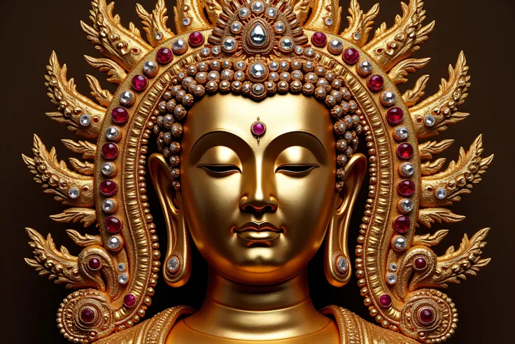 Create the male buddha peaceful face craft with lots of diamonds and ruby gems arts details be professional bermese culture
