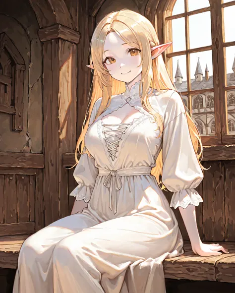 masterpiece, best quality,indoors,Wood windows,Medieval fantasy architecture,1girl,sitting, smiling, breasts, pale skin, white dress, long blonde hair, elf ears, brown amber eyes, Accurate, Anatomically Correct, Best Quality, HD, High Details, High Quality...