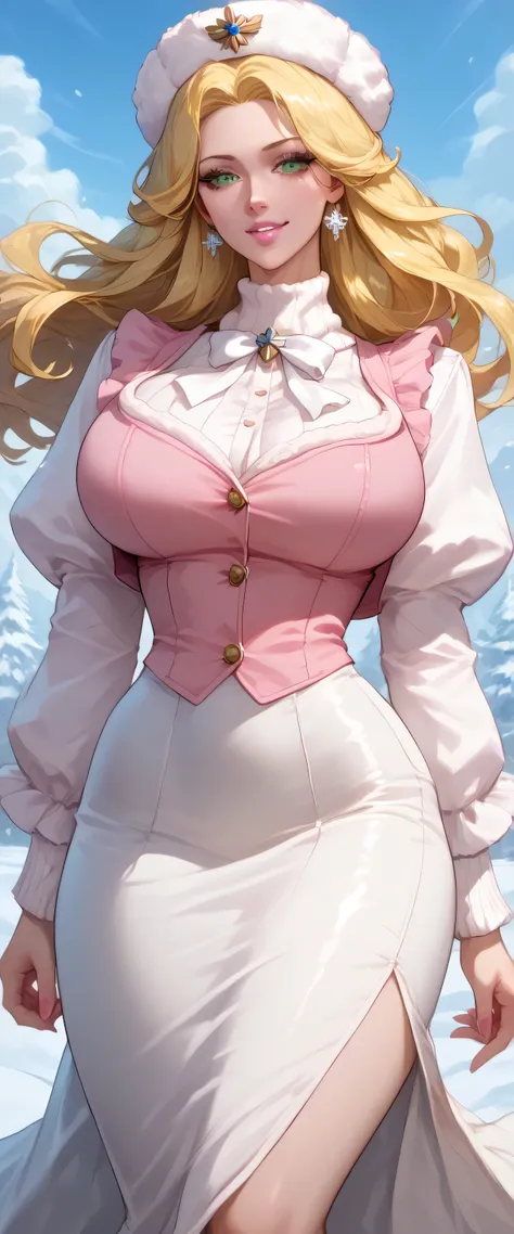 A girl Russia good kind sexy cute big breasts wide dark shiny yellow hair shiny wavy long loose cap Russian Soviet hat luxurious winter luxurious her light green eye soft pink lip dresses white dress with long button long sleeves put on fabric transparent ...
