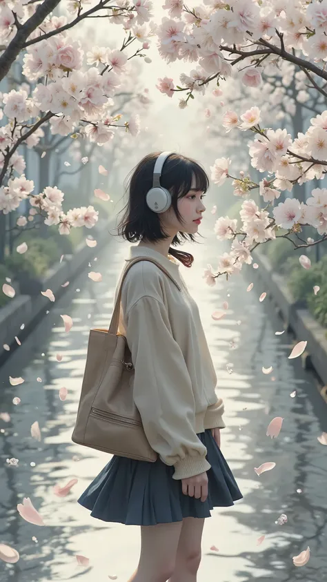 Cherry Blossom Season、walking along the Meguro River in Tokyo, Fashionable girl carrying a tote bag、Wearing Headphones, pale pink petals dance, a fusion of city and nature --v5 --ar4:5 --style poetic