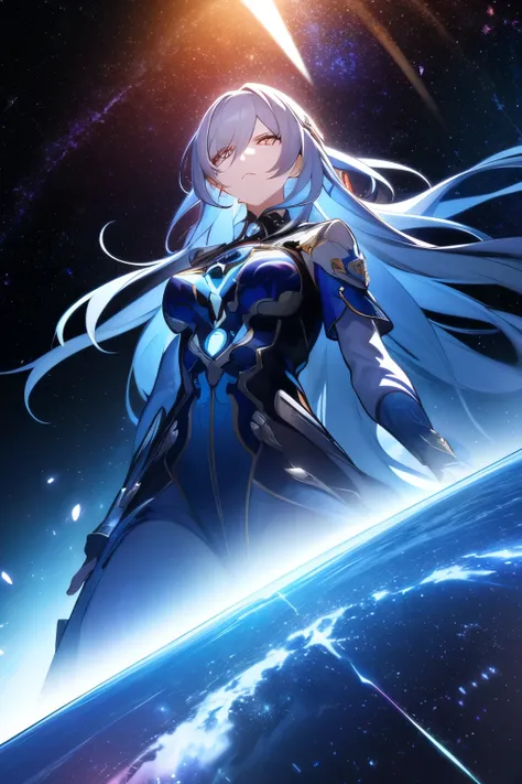 A heroic anime-style digital illustration of a female space warrior with flowing silver hair, standing on the edge of a futuristic train in space. Glowing stars and cosmic nebula in the background. High energy pose, dramatic lighting, vibrant colors, dynam...