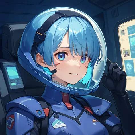 ((Holographic Glow Effect))、 Gundam wing cockpit,blue hair、masterpiece、top quality、1 person、medium bust、((album cover))、light on face、slender body、white and blue pilot suit with enamel finish、 elbow length gloves 、long hard boots 、exoskeleton、Metal Gear、...