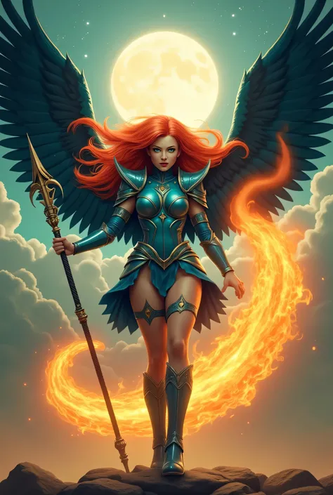 female, sorceress, casting flaming spell, full body, aasimar, female, large feathered wings, red hair, green eyes, determined face, divine light, intense eyes, ultra feminine, ultra detailed face, (Masterpieceת intense details:1.5), wearing azure armor,...