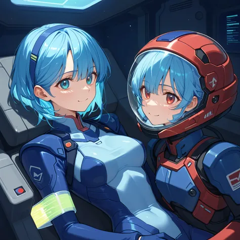 ((Holographic Glow Effect))、 Gundam wing cockpit,blue hair、masterpiece、top quality、1 person、medium bust、((album cover))、light on face、slender body、white and blue pilot suit with enamel finish、 elbow length gloves 、long hard boots 、exoskeleton、Metal Gear、...