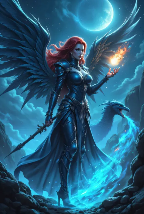 female, sorceress, casting flaming spell, full body, aasimar, female, large feathered wings, red hair, green eyes, determined face, divine light,  intense eyes, ultra feminine, ultra detailed face, (Masterpieceת intense details:1.5),   wearing azure armor,...