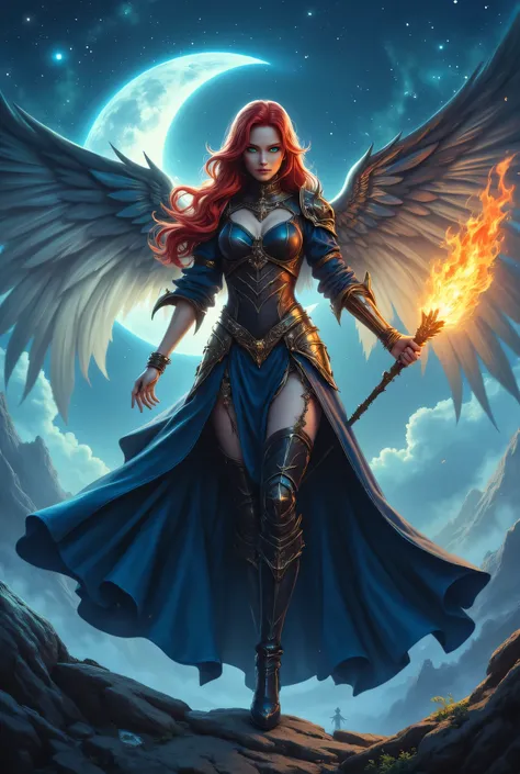female, sorceress, casting flaming spell, full body, aasimar, female, large feathered wings, red hair, green eyes, determined face, divine light,  intense eyes, ultra feminine, ultra detailed face, (Masterpieceת intense details:1.5),   wearing azure armor,...