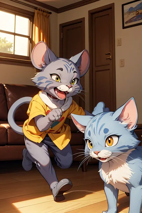 An ultra-detailed, high-resolution animation-style scene of Tom and Jerry playing together in a colorful living room. Tom, the tall gray cat, is joyfully chasing Jerry, the small brown mouse, who is laughing while running with a piece of cheese. The backgr...
