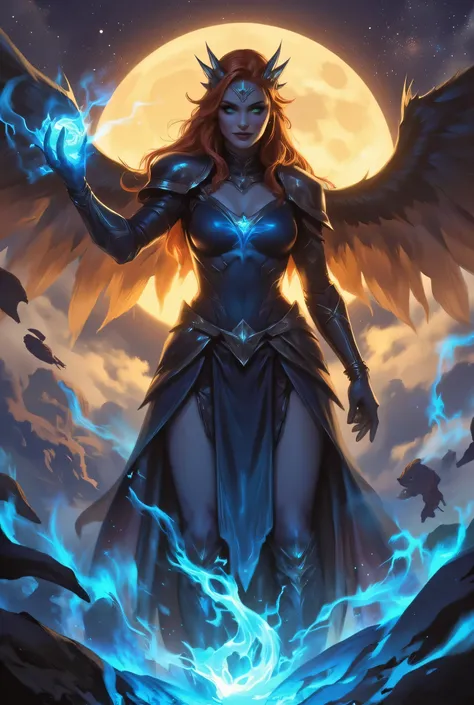 female, sorceress, casting flaming spell, full body, aasimar, female, large feathered wings, red hair, green eyes, determined face, divine light,  intense eyes, ultra feminine, ultra detailed face, (Masterpieceת intense details:1.5),   wearing azure armor,...