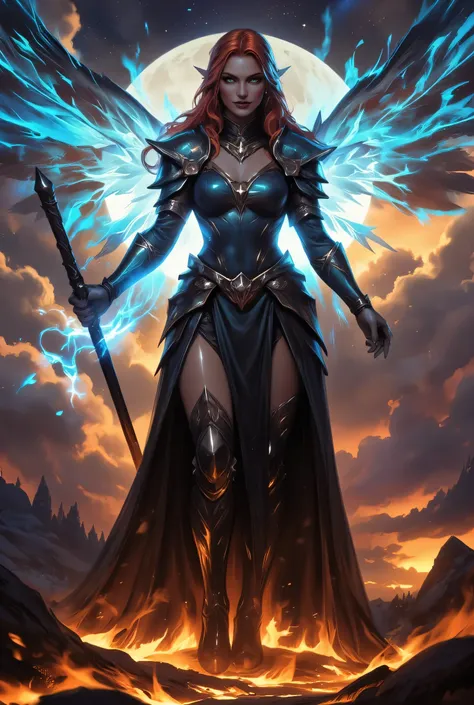 female, sorceress, casting flaming spell, full body, aasimar, female, large feathered wings, red hair, green eyes, determined face, divine light,  intense eyes, ultra feminine, ultra detailed face, (Masterpieceת intense details:1.5),   wearing azure armor,...