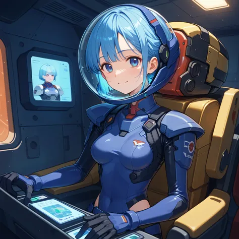 ((Holographic Glow Effect))、 Gundam wing cockpit,blue hair、masterpiece、top quality、1 person、medium bust、((album cover))、light on face、slender body、white and blue pilot suit with enamel finish、 elbow length gloves 、long hard boots 、exoskeleton、Metal Gear、...